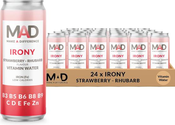 Immagine prodotto MAD Cassa di acqua vitaminica IRONY alla fragola e al rabarbaro (24 x 33 cl)