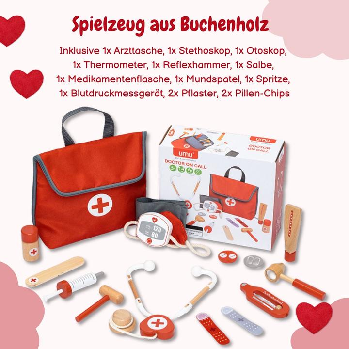 Produktbild Hermex Arzt-Spielzeug-Set für Kinder Doktor-Set Holz-Kinderspielzeug Arztkoffer Doktorkoffer