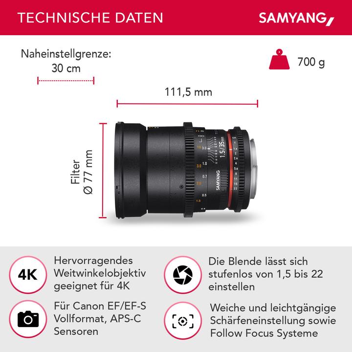 Produktbild Samyang 35mm T1.5 VDSLR II Canon EF (Canon EF, Vollformat)