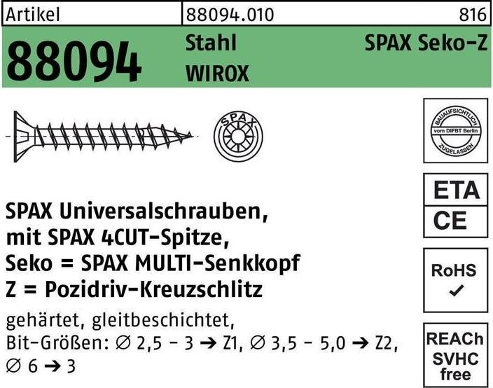 Immagine prodotto Spax Vite R 88094 Testa svasata con intaglio a punta/croce -PZ 3,5 x 45/40-Z Acciaio zincato WIROX (200 Viti per pezzo)