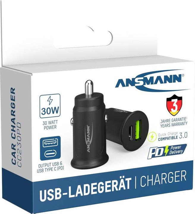 Actual product image Ansmann Charger InCar Charger 12-24V DC/3000mA/30W/KFZ/USB/USBC/5V