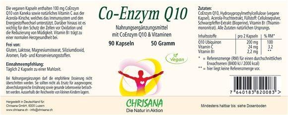 Valori nutrizionali e ingredienti Chrisana Co-Enzym Q10 Kapsel (90 Pezzo/i, Pillole, 70 g)