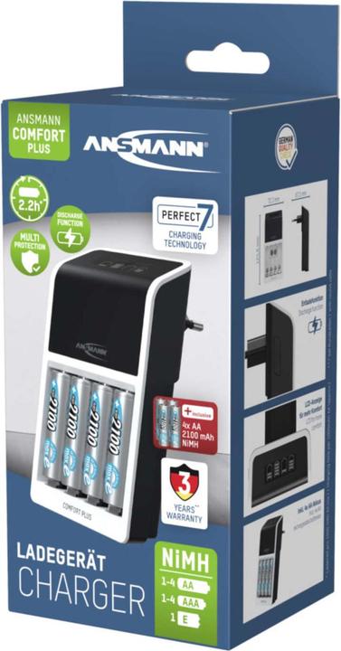 Immagine prodotto Ansmann Caricabatterie rapido Comfort Plus per batterie ricaricabili NiMH, AA o AAA (1 pz., AA, AAA, 2100 mAh, Batteria + Caricabatterie)