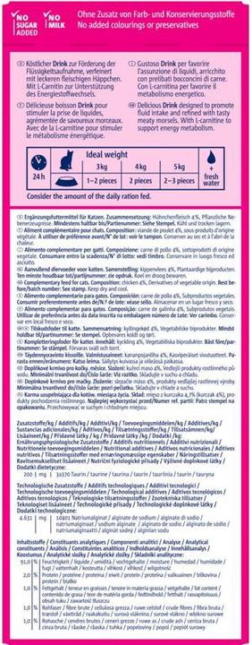 Nutritional values and ingredients Vitakraft Drink with chicken flavour and taurine for cats - (57999) (Junior, 5 pcs., 150 g)