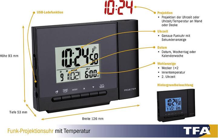 Produktbild TFA Funk-Projektionsuhr mit Temperatur