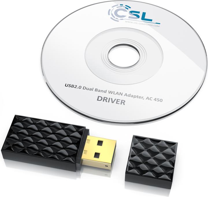 Produktbild CSL WLAN USB Adapter, AC450 WIFI Dual Band Stick, 433 MBit/s, 2,4 GHz / 5 GHz, 802.11ac, WPS, Windows 11 (USB 2.0)