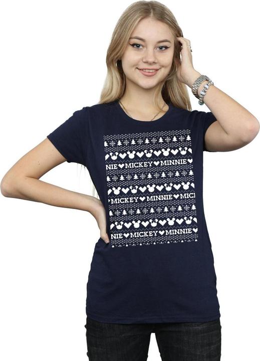 Actual product image Disney Womens/Ladies Mickey And Minnie Christmas Fair Isle Cotton T-Shirt (M)