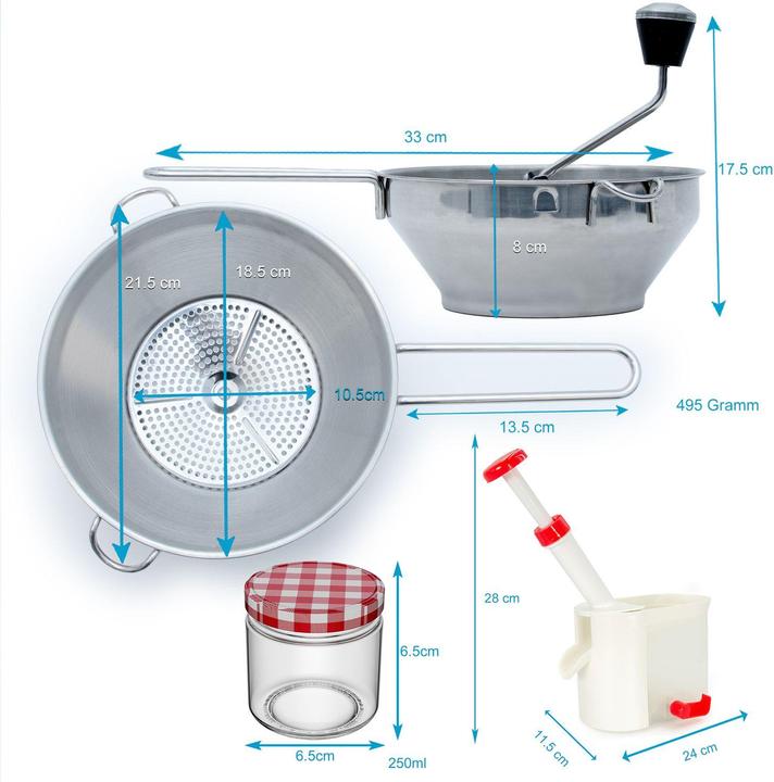 Actual product image Intirilife Preserving set: Stainless steel strainer with 3 sieve inserts & 25 preserving jars & cherry pitter