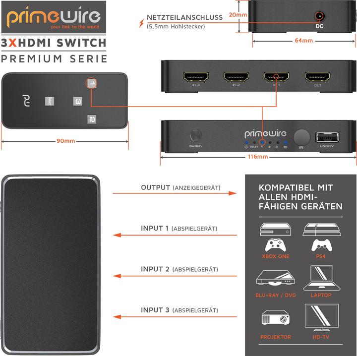 Actual product image Primewire 4K HDMI Switch with Remote Control