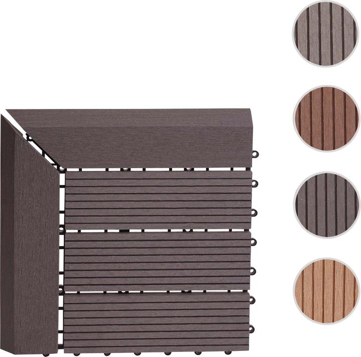 Produktbild Swisshandel24 WPC Eck-Bodenfliese Rhone + Abschluss, Holzoptik Terrasse, 30x30cm Premium Ecke rechts, grau linea (1 x, 30 x 30 cm)