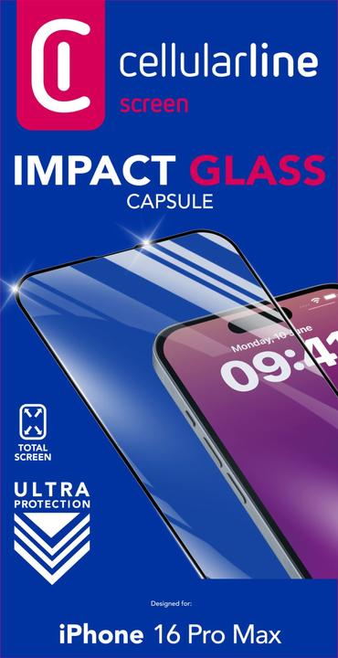 Immagine prodotto Cellularline Impact Glass Capsule - iPhone 16 Pro Max Vetro temperato resistente da bordo a bordo (1 Pezzo/i, Apple iPhone 16 Pro Max)