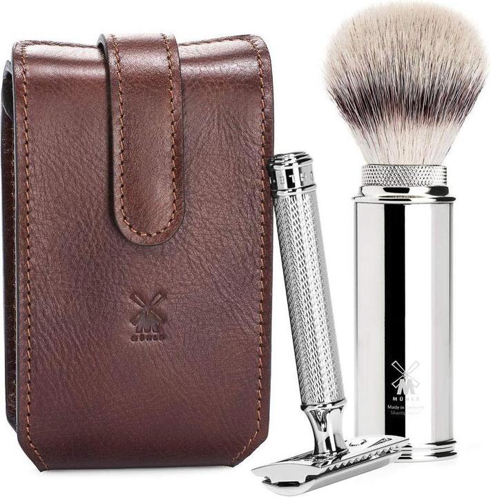 Actual product image Mühle Travelling shaving set - brown, Florentine leather work, shaving brush (31M2