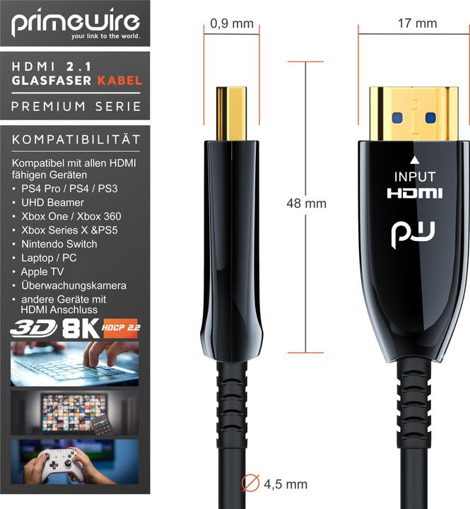 Produktbild Primewire HDMI Glasfaser Kabel 2.1, Typ A, UHD, 8K @ 120Hz, 4k @ 240Hz mit DSC, HDR10+, 3D, eARC, HDCP 2.3 (15 m, HDMI)