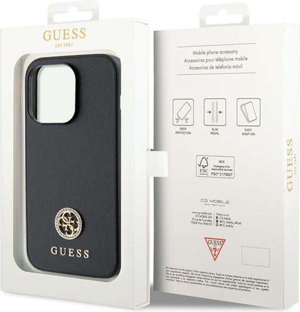 Immagine prodotto Guess GUHCP15LPS4DGPK Custodia rigida per iPhone 15 Pro 6.1" in pelle nera con logo in metallo Strass (Apple iPhone 15 Pro)