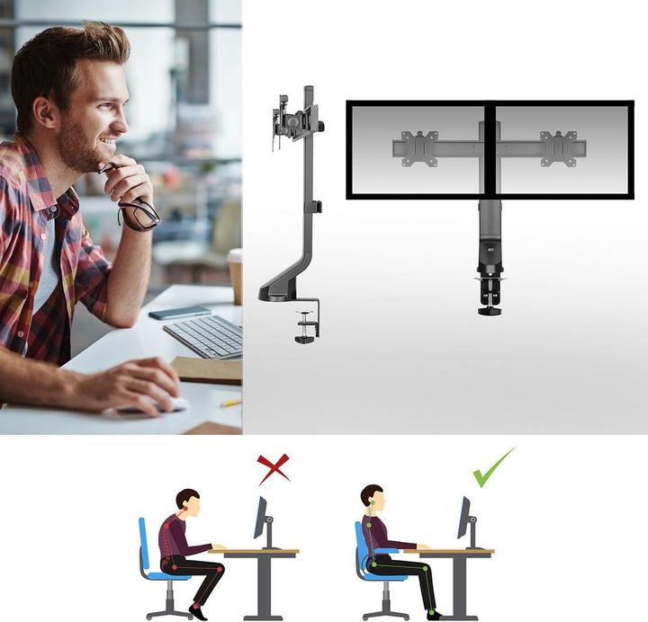 Image du produit Support de bureau pour écran avec barre transversale, 2 écrans jusqu'à 27 pouces, avec vis à molette (Tables, 27")