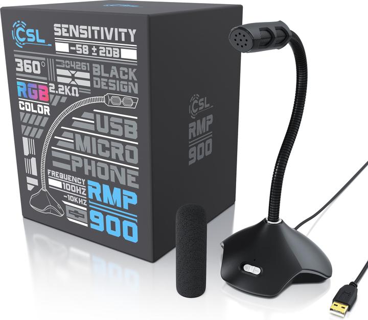 Produktbild CSL Standmikrofon, USB Desktop Mikrofon mit RGB Beleuchtung, RMP 900 Tischmikrofon, für Gaming & Podcast