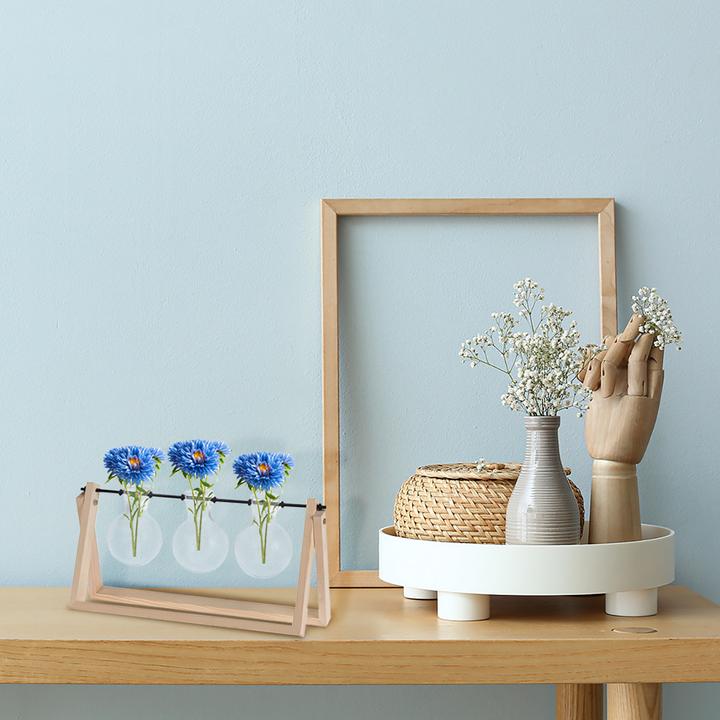 Actual product image Casativo Set of 3 Glass Vases in Wooden Stand, 14.5 x 30 x 7 cm
