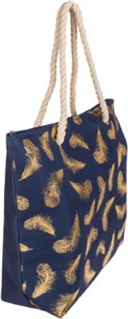 Actual product image Bekos Blue shopper with gold feathers and cord handles