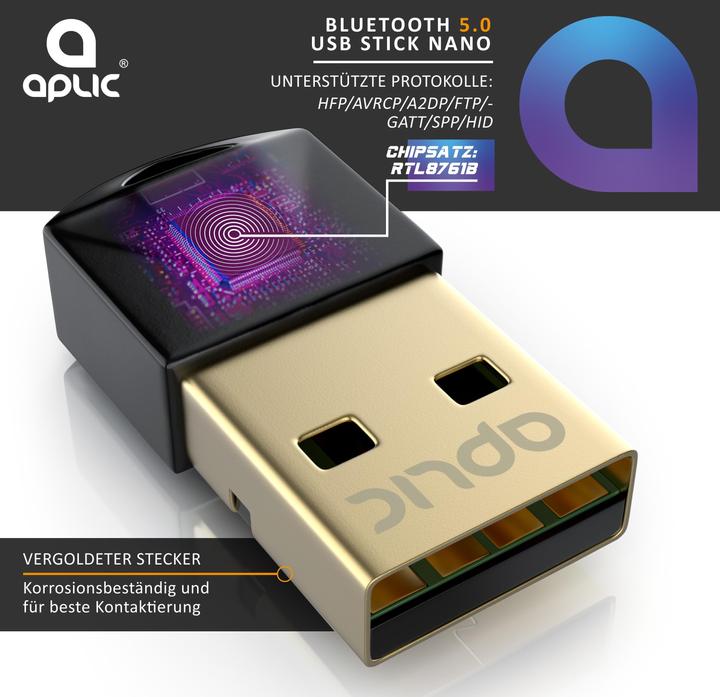 Produktbild Aplic USB Bluetooth 5.0 Stick Nano, mini BT5.0 Dongle / Adapter, für PC & Laptop, Empfänger & Sender (Sender & Empfänger)