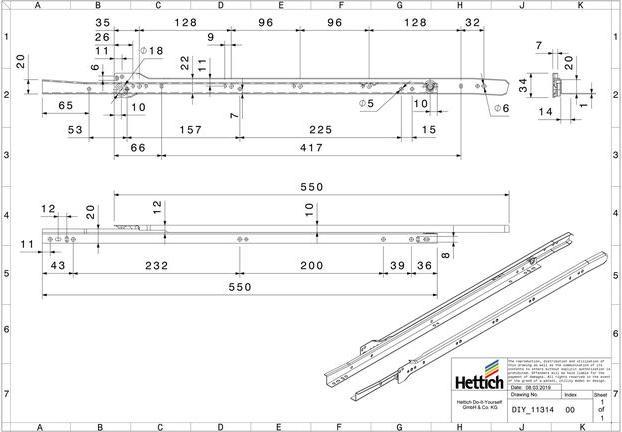 Immagine prodotto Hettich Schubladenschiene Teilauszug Rollschubführung 550 mm weiss 2 Stück