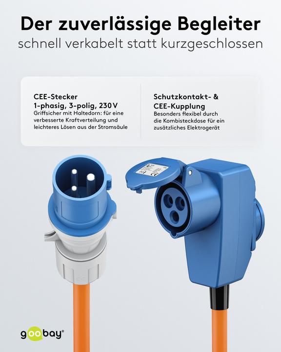 Produktbild Goobay CEE-Adapterleitung, CEE-Stecker auf 90° CEE-Kupplung und Schutzkontakt-Kupplung, 1,5 m (1.50 m, CEE)