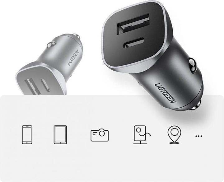 Image du produit Ugreen CD130 Car Charger, USB-A+PD 3.0, USB-C, QC3.0 30W (Grey)