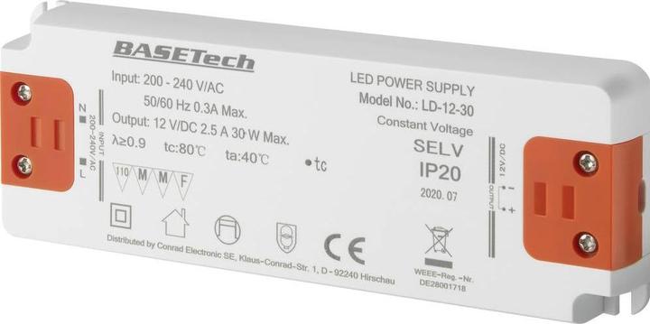 Image du produit Basetech LD-12-30 Transformateur LED à tension constante 30 W 2.5 A Homologation pour meuble, surtension