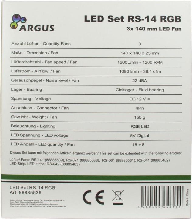 Valeurs nutritives et ingrédients Intertech Inter-Tech Argus RGB-Fan Set RS-14 Boîtier d'ordinateur Ventilateur 14 cm noir (140 mm, 1 x)