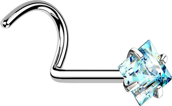 Star Piercing Nasenstecker gebogen silber quadratischer Kristall aqua gefasst (ohne Messing, Chirurgenstahl 316L)