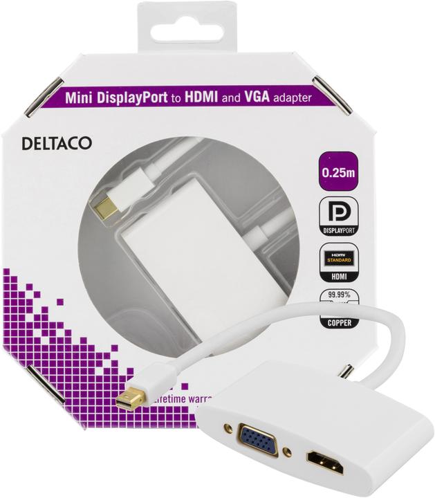 Immagine prodotto Deltaco DP-HDMIVGA1-K adattatore cavo video Mini DisplayPort HDMI + VGA (D-Sub) Bianco (HDMI, Mini DP, 25 cm)