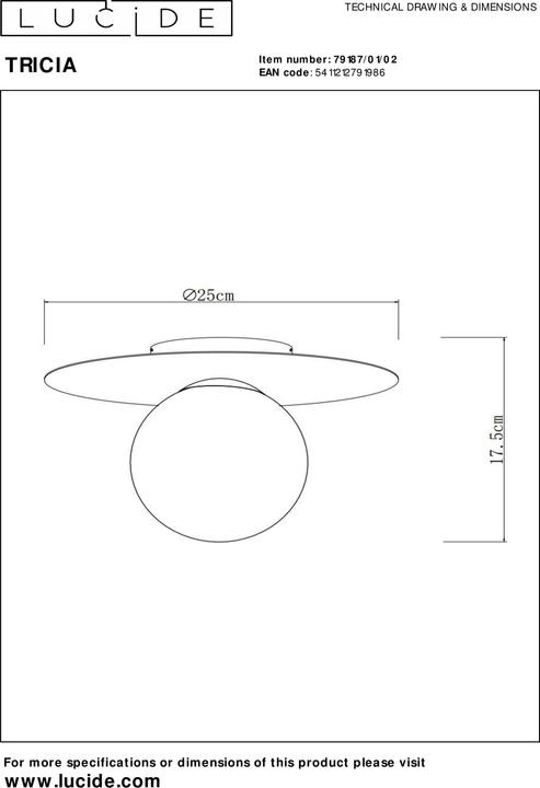 Actual product image Lucide TRICIA - Ceiling lamp - Ø 25 cm - 1xE27 - Matt gold / brass 79187/01/02 (E27)