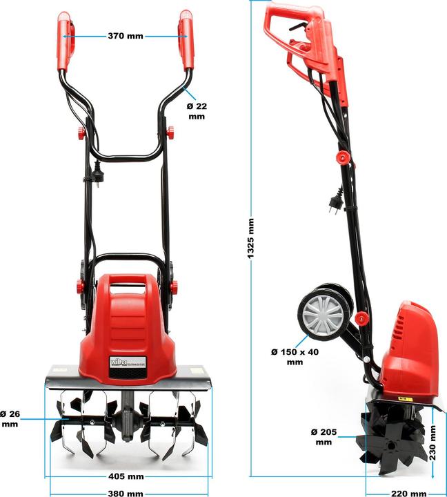 Actual product image Wiltec Electric Garden Tiller 1500W 400rpm Cultivator Rotavator, 220mm Working Depth
