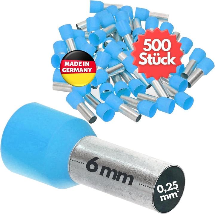 Produktbild Kalitec 500 Stück AE02506HBL Aderendhülsen isoliert 0,25mm² 6mm lang hellblau I Made in Germany I In
