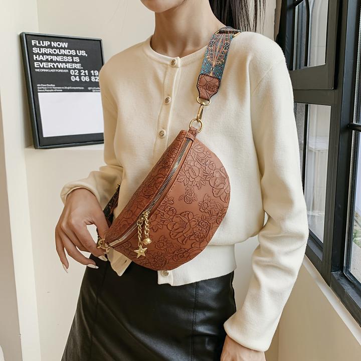 Actual product image Only-Bags.Store Retro elegant floral pattern crossbody bag, classic structured ethnic fancy pack with wide strap