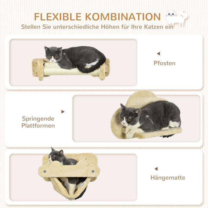 Produktbild Swisshandel24 Katzen Kletterwand 5-teiliges Set mit Treppe, 2 Kratzstämmen, Plattformen, Hängematte, Plüsch (28 cm, Beige)