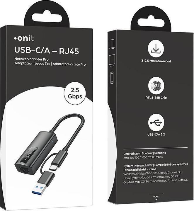 Image du produit Onit Netzwerk-Adapter Pro USB-C/A – RJ45 2.5G-LAN (USB, USB 3.1, RJ45 2.5 Gigabit Ethernet (1x))