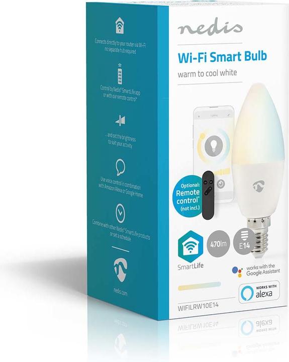 Produktbild Nedis WIFILRW10E14 SmartLife LED Bulb WLAN E14 470 lm 4.9 W Warm to Cool White 2700 - 6500 K Energie (E14, 4.90 W, 470 lm, 1 x, F)