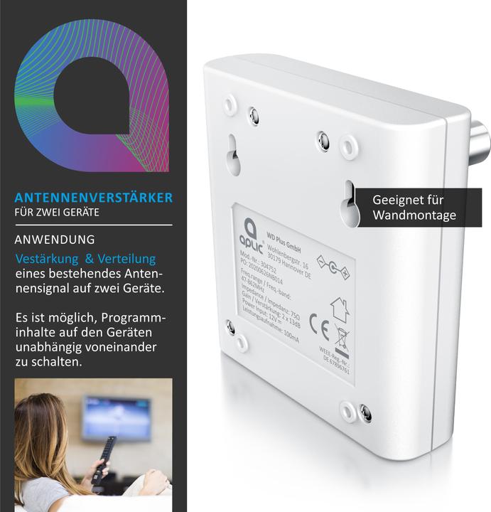 Produktbild Aplic TV Antennenverstärker, DVB-T2, Kabel TV, Radio Verstärker, 2x 13 dB Signalverstärkung, 2x IEC Output (Verstärker)