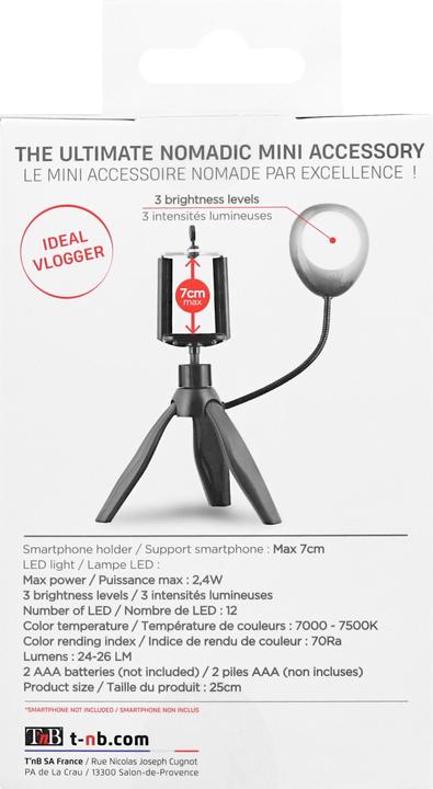 Immagine prodotto T'nB Influenza mini treppiede con LED 7500k, 20cm alto, 3 modi, 360°.