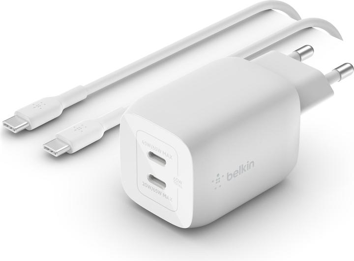 Image du produit Belkin Dual USB-C GaN Ladegerät mit Power Deliver und PPS Technologie inkl. 2 Meter USB-C Kabel (65 W)