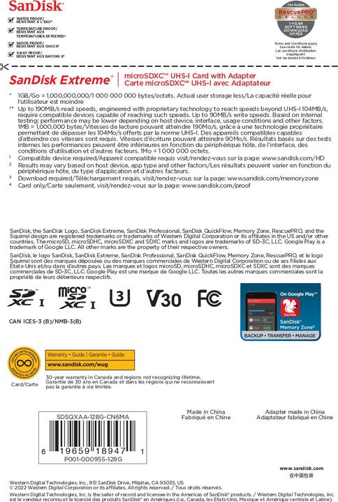 Immagine prodotto SanDisk Extreme UHS-I V30 (128 GB, microSDXC, U3, UHS-I)