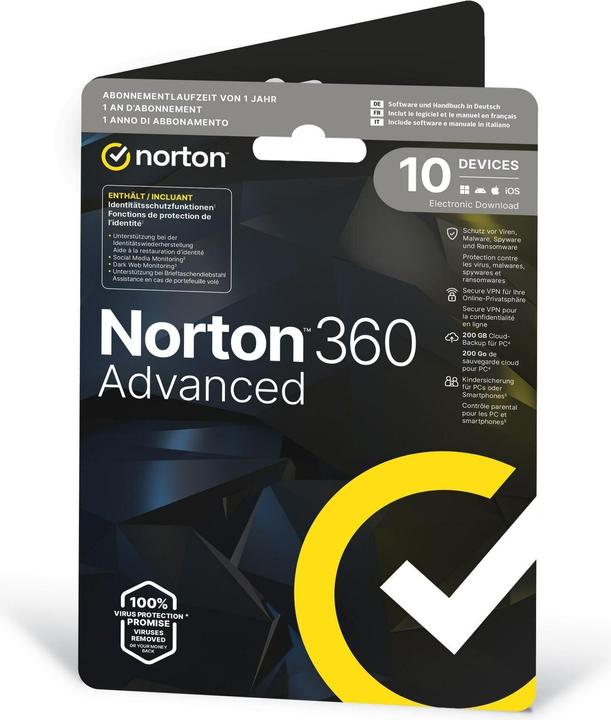 Norton 360 Advanced Sleeve, 10 Device, 1 Jahr, 200GB Cloud Speicher (1 User, 12 Monate)