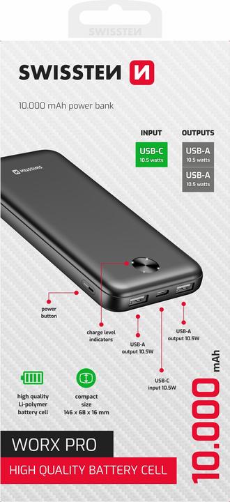 Immagine prodotto Swissten Power Bank 10000 Mah Worx Pro Black (10000 mAh, 10.50 W, 10.50 Wh)