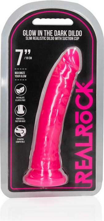 Immagine prodotto RealRock Slim Dildo Suction Cup - GitD - 7" / 18 cm - Neon Pink