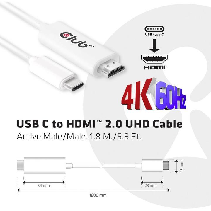 Actual product image Club 3D USB Typ C — HDMI (Typ A) (1.80 m, HDMI, USB Type C)