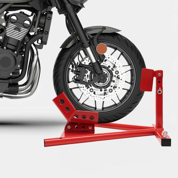 Actual product image Wiltec Motorcycle Front Wheel Chock for 13-17” Tyres with 90-130mm Width as Mounting Stand for Safe Storage