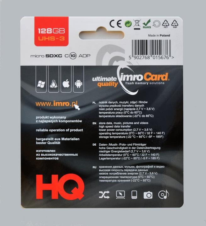 Produktbild IMRO MICROSDXC 10/128GB UHS-3 ADP Memory card Klasse 10 (128 GB, microSDXC, U3, UHS-III)