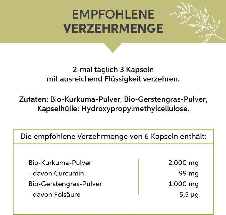 Nährwerte und Zutaten Eltabia Bio Kurkuma Gerstengras Kapseln | 100% rein ohne Zusätze (100 Stück, Kapseln, 100 g)