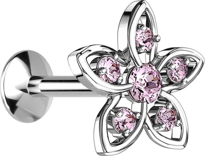 Immagine prodotto Star Piercing Micro UFO Labret filo interno argento con fiore e cristallo rosa (Ottone, Acciaio chirurgico 316L)