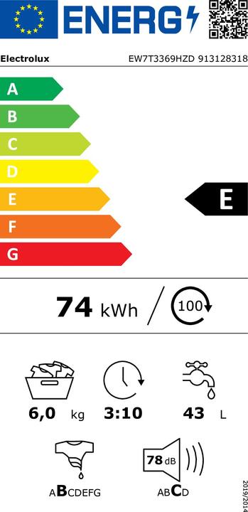 Label énergétique Electrolux EW7T3369HZD (6 kg, Vers le haut)